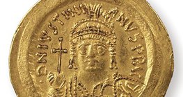 Юстиніан I, візантійський імператор (527-565), зображений на монеті