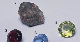 Корунд (1), Рубін (2) і Сапфір (3,4)